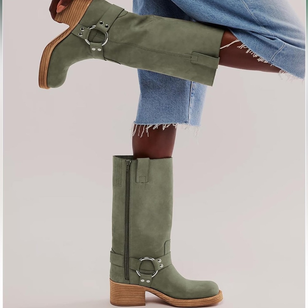 Dsevht Women's Knee High Riding Boots Round Toe Comfortable Chunky Block Heel